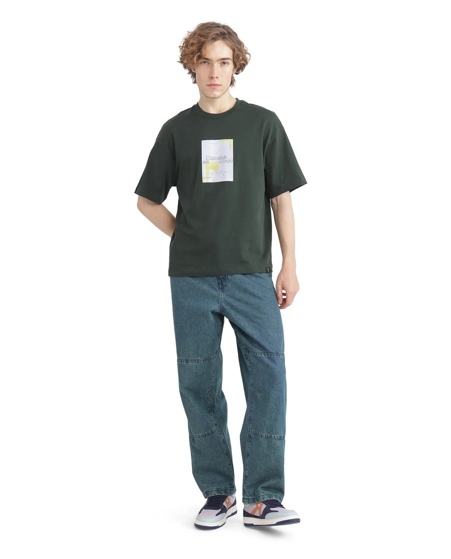 Rare Rabbit Men's Justin Dark Olive Cotton Graphic Print Boxy Fit Half Sleeve Crew Neck T-Shirt