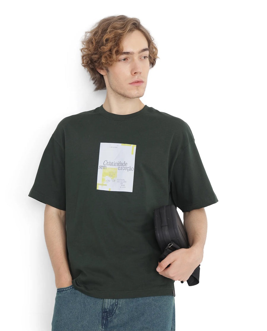 Rare Rabbit Men's Justin Dark Olive Cotton Graphic Print Boxy Fit Half Sleeve Crew Neck T-Shirt