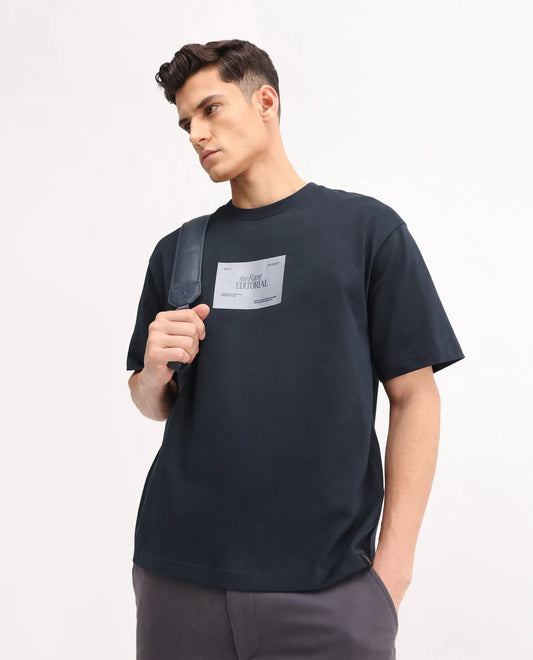 Rare Rabbit Men's Justin Navy Cotton Graphic Print Oversized Fit Half Sleeve Crew Neck T-Shirt