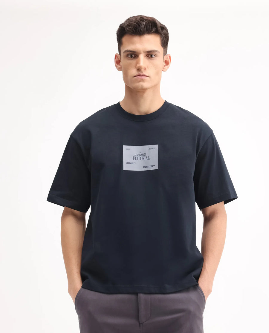 Rare Rabbit Men's Justin Navy Cotton Graphic Print Oversized Fit Half Sleeve Crew Neck T-Shirt