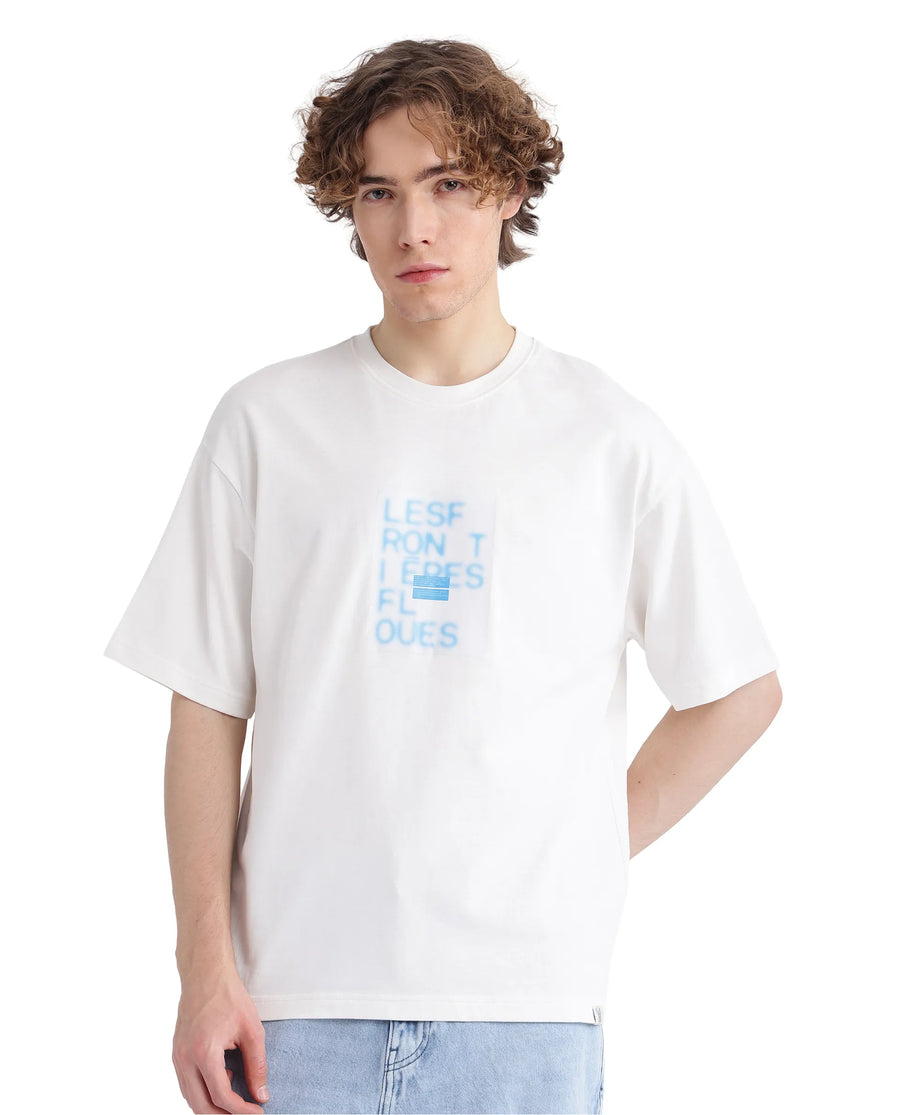 Rare Rabbit Men's Justin Off White Cotton Graphic Print Oversized Fit Half Sleeve Crew Neck T-Shirt