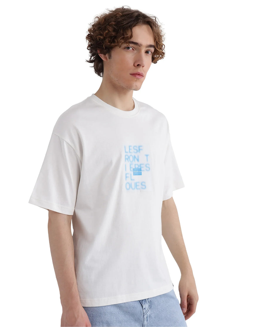 Rare Rabbit Men's Justin Off White Cotton Graphic Print Oversized Fit Half Sleeve Crew Neck T-Shirt
