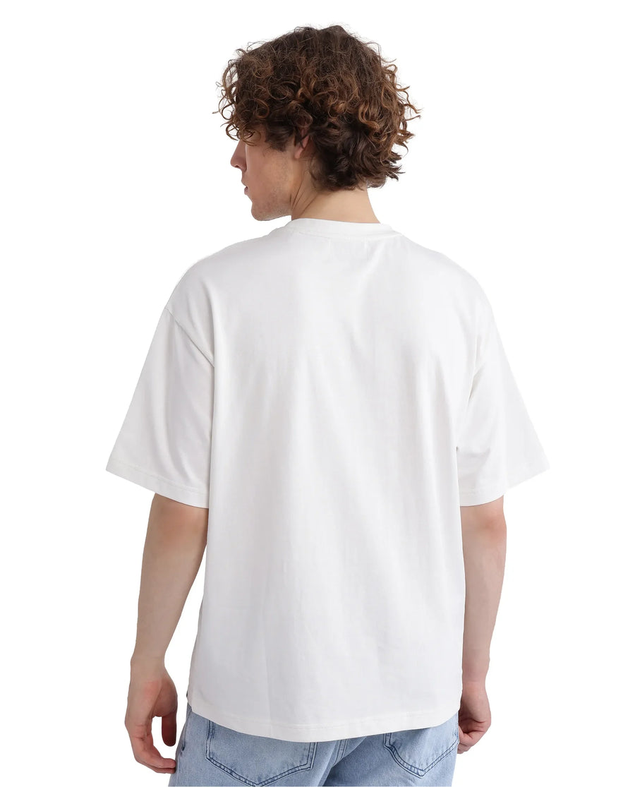 Rare Rabbit Men's Justin Off White Cotton Graphic Print Oversized Fit Half Sleeve Crew Neck T-Shirt