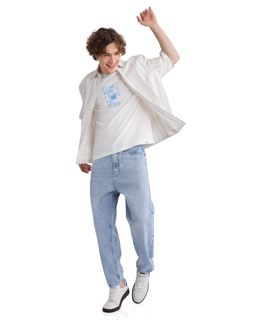 Rare Rabbit Men's Justin Off White Cotton Graphic Print Oversized Fit Half Sleeve Crew Neck T-Shirt