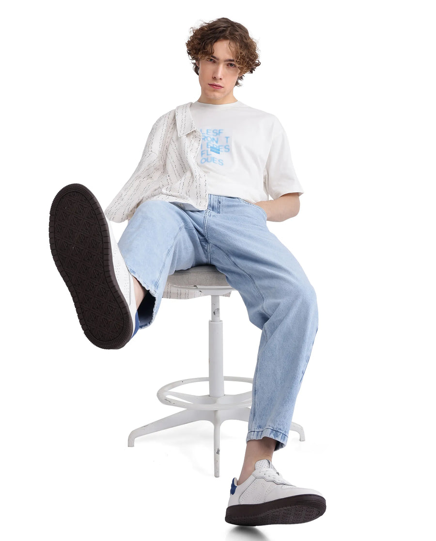 Rare Rabbit Men's Justin Off White Cotton Graphic Print Oversized Fit Half Sleeve Crew Neck T-Shirt