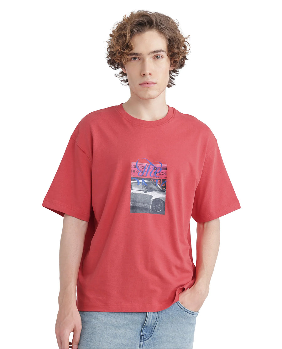 Rare Rabbit Men's Just Light Red Cotton Graphic Print Boxy Fit Half Sleeve Crew Neck T-Shirt