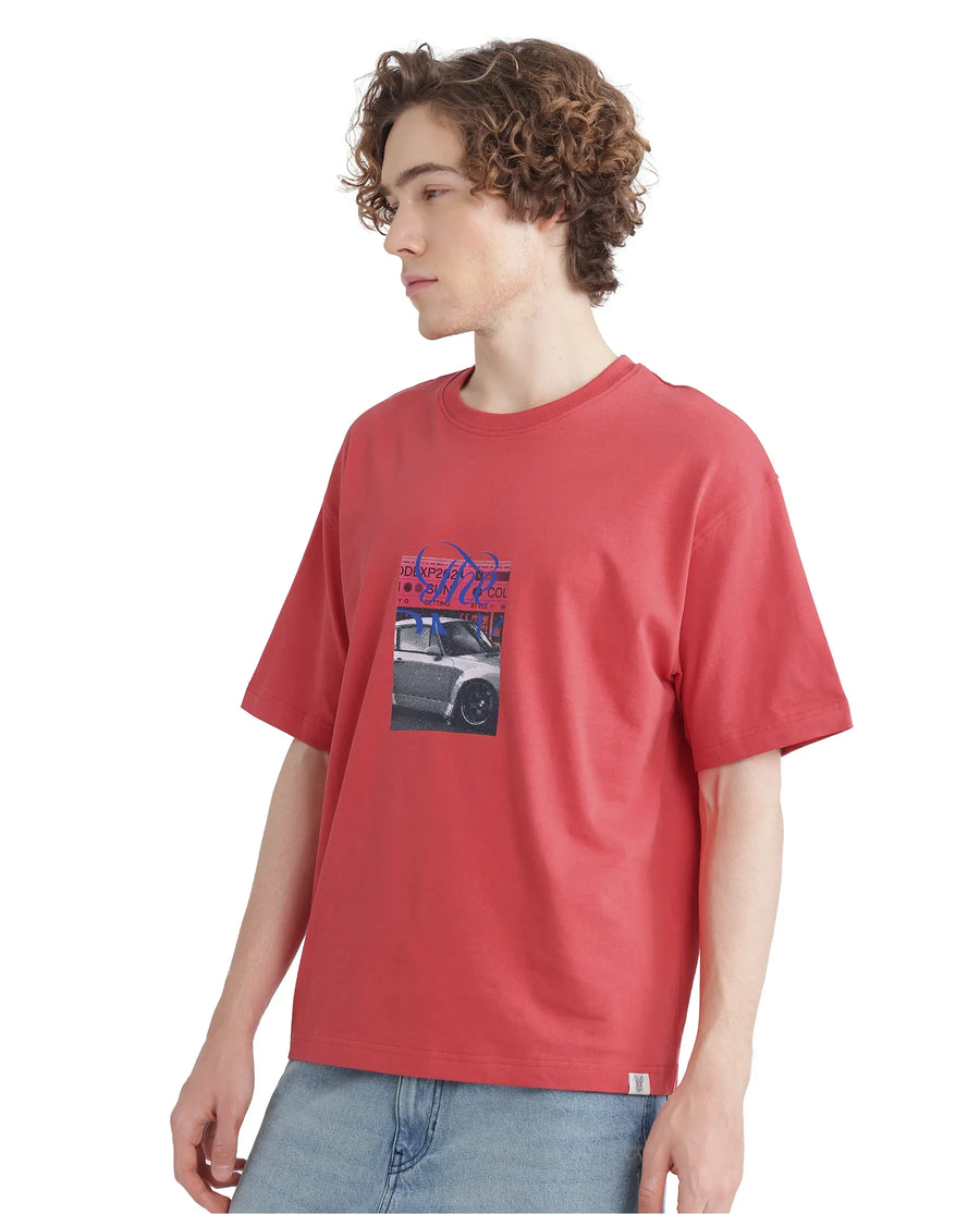 Rare Rabbit Men's Just Light Red Cotton Graphic Print Boxy Fit Half Sleeve Crew Neck T-Shirt