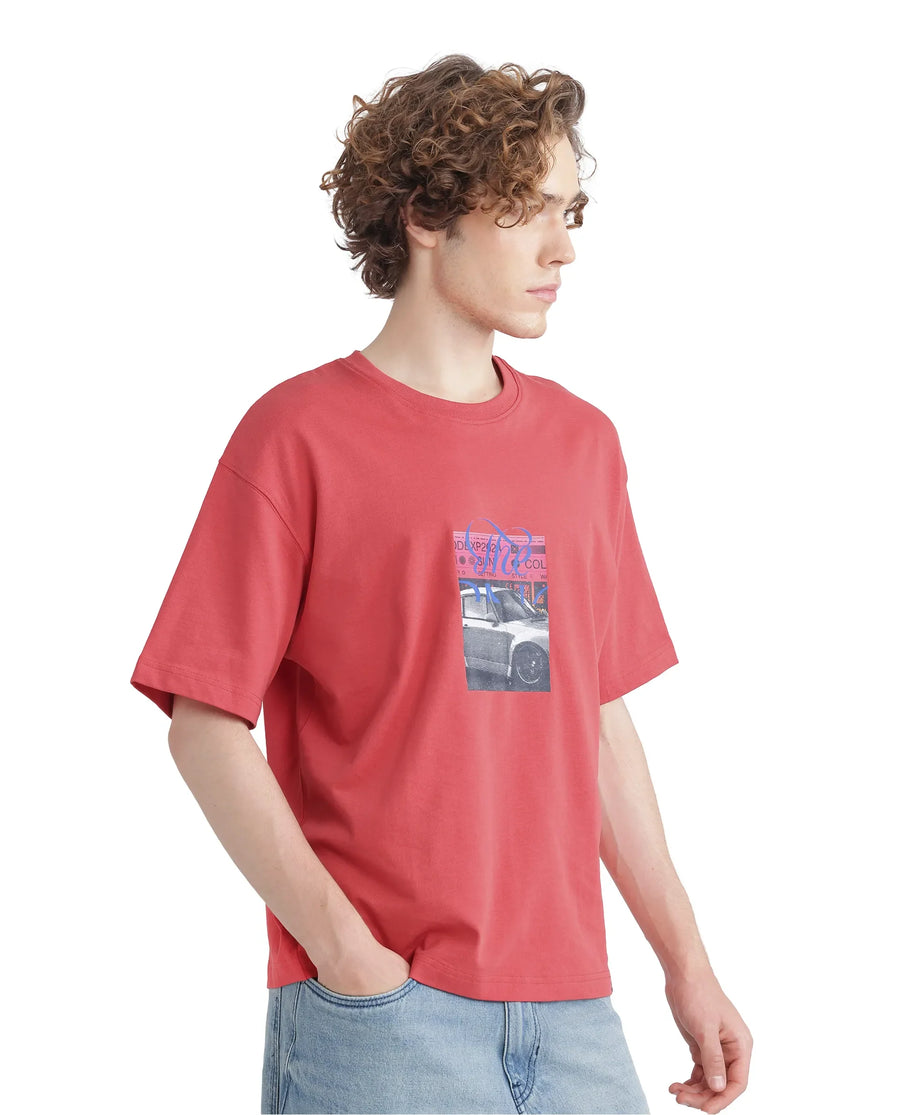 Rare Rabbit Men's Just Light Red Cotton Graphic Print Boxy Fit Half Sleeve Crew Neck T-Shirt