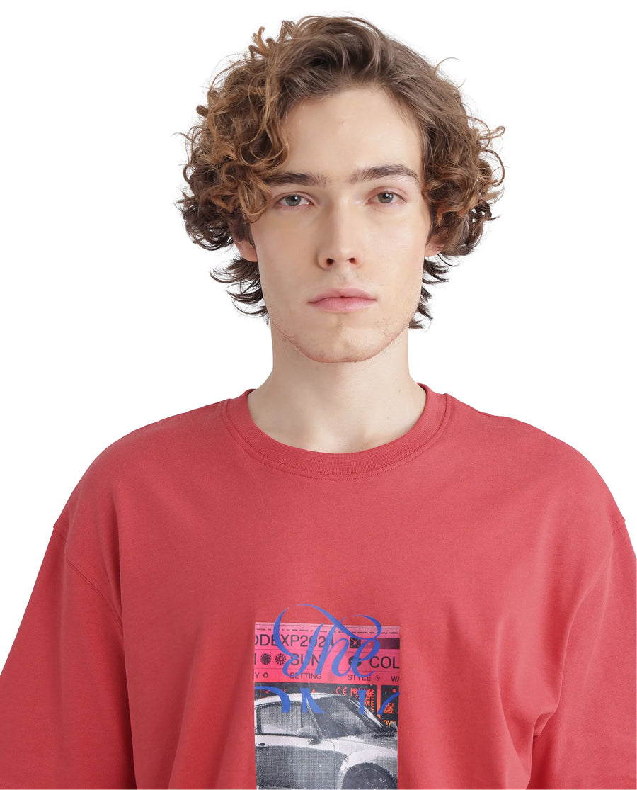 Rare Rabbit Men's Just Light Red Cotton Graphic Print Boxy Fit Half Sleeve Crew Neck T-Shirt