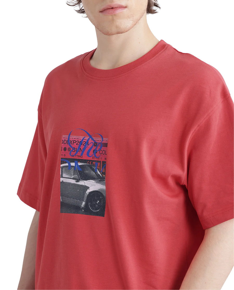 Rare Rabbit Men's Just Light Red Cotton Graphic Print Boxy Fit Half Sleeve Crew Neck T-Shirt