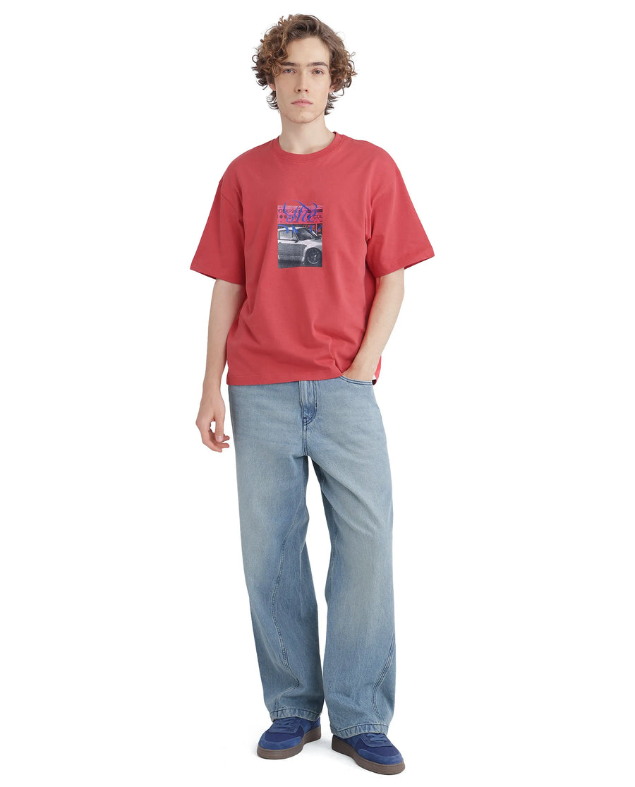 Rare Rabbit Men's Just Light Red Cotton Graphic Print Boxy Fit Half Sleeve Crew Neck T-Shirt