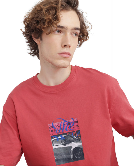 Rare Rabbit Men's Just Light Red Cotton Graphic Print Boxy Fit Half Sleeve Crew Neck T-Shirt
