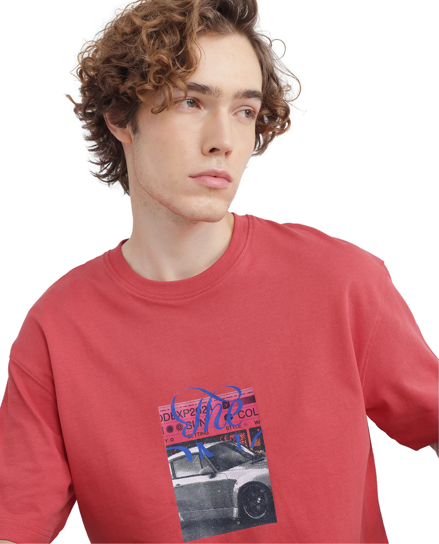 Rare Rabbit Men's Just Light Red Cotton Graphic Print Boxy Fit Half Sleeve Crew Neck T-Shirt