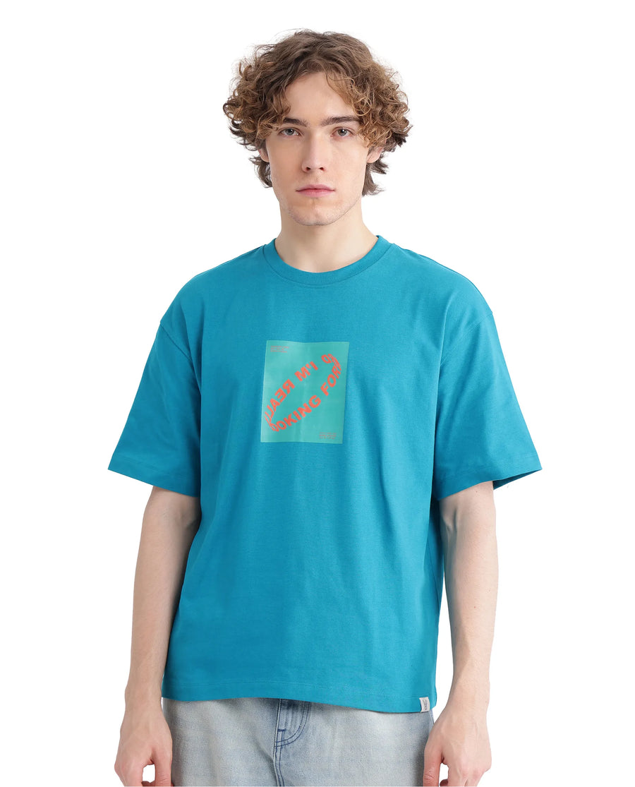 Rare Rabbit Men's Just Teal Cotton Graphic Print Boxy Fit Half Sleeve Crew Neck T-Shirt