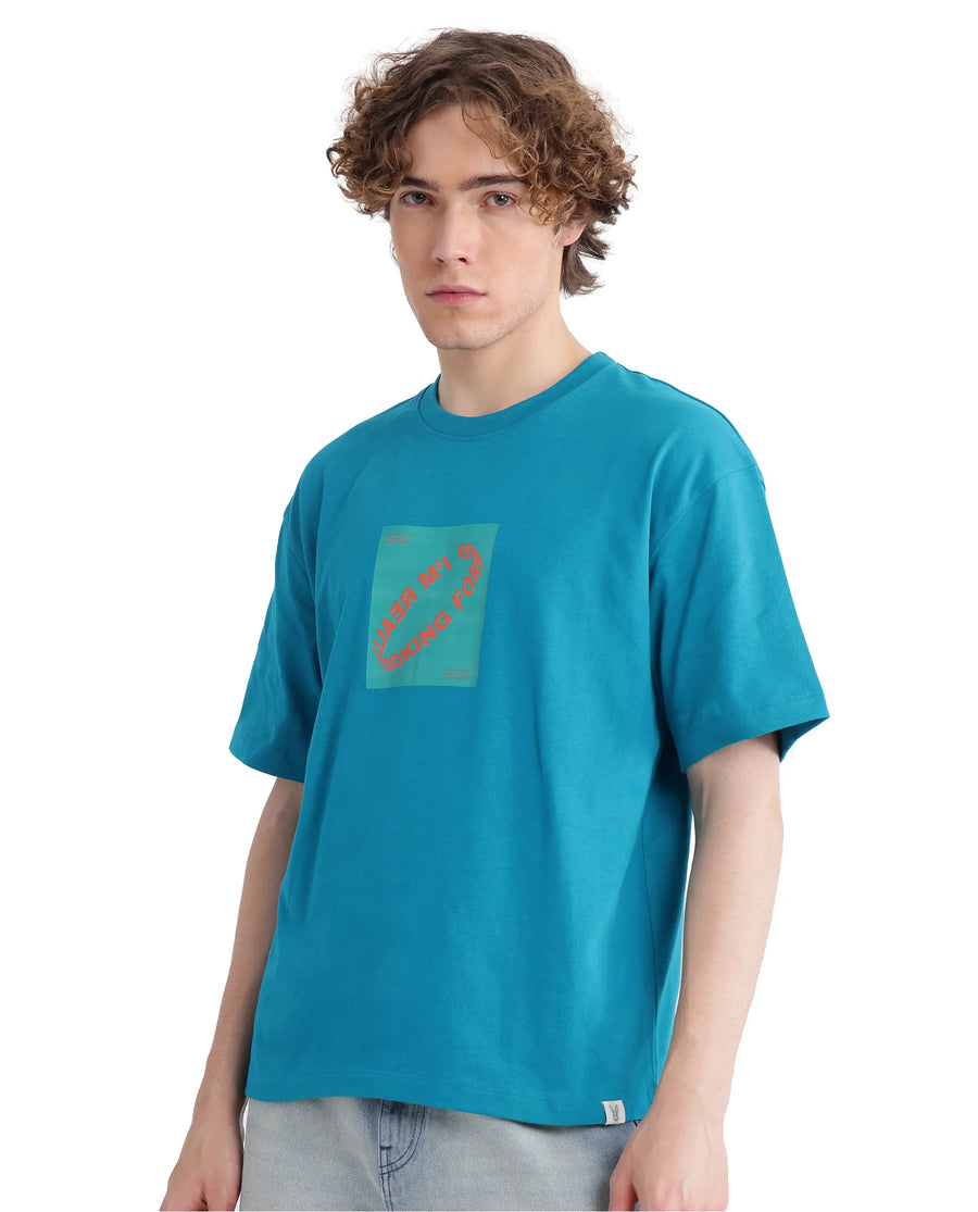 Rare Rabbit Men's Just Teal Cotton Graphic Print Boxy Fit Half Sleeve Crew Neck T-Shirt