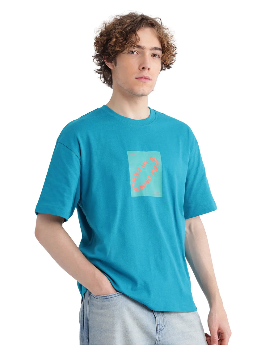 Rare Rabbit Men's Just Teal Cotton Graphic Print Boxy Fit Half Sleeve Crew Neck T-Shirt