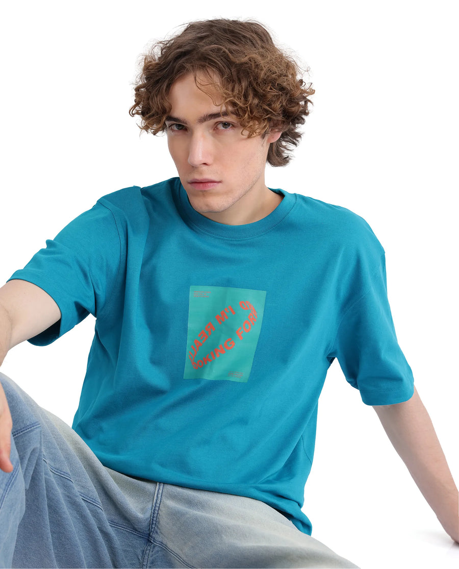 Rare Rabbit Men's Just Teal Cotton Graphic Print Boxy Fit Half Sleeve Crew Neck T-Shirt