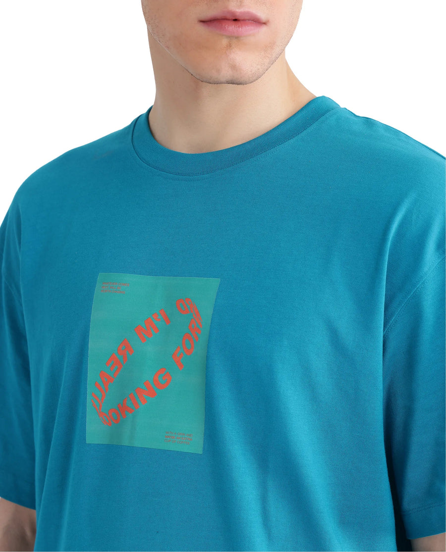 Rare Rabbit Men's Just Teal Cotton Graphic Print Boxy Fit Half Sleeve Crew Neck T-Shirt