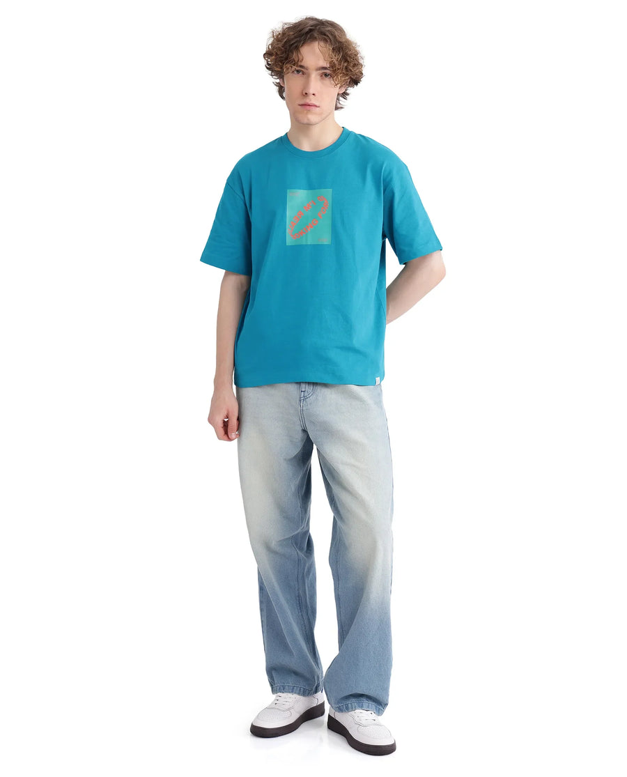 Rare Rabbit Men's Just Teal Cotton Graphic Print Boxy Fit Half Sleeve Crew Neck T-Shirt