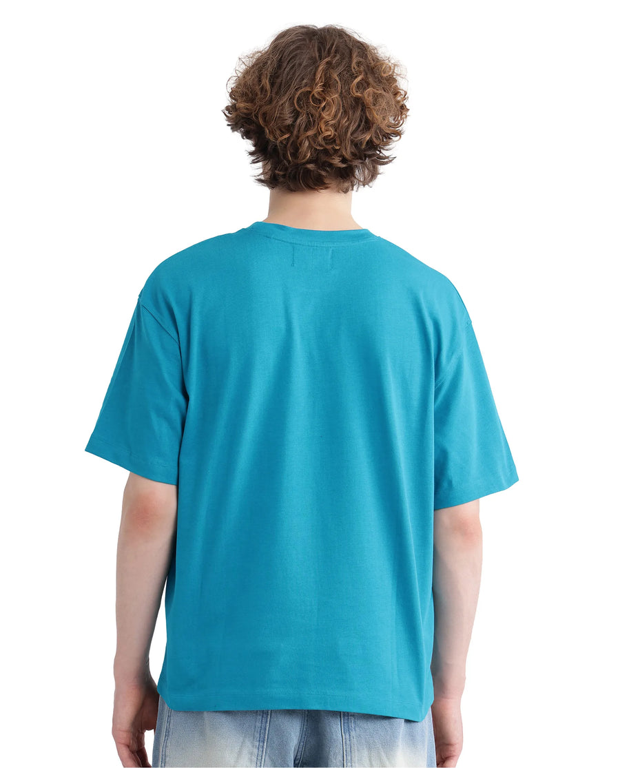 Rare Rabbit Men's Just Teal Cotton Graphic Print Boxy Fit Half Sleeve Crew Neck T-Shirt