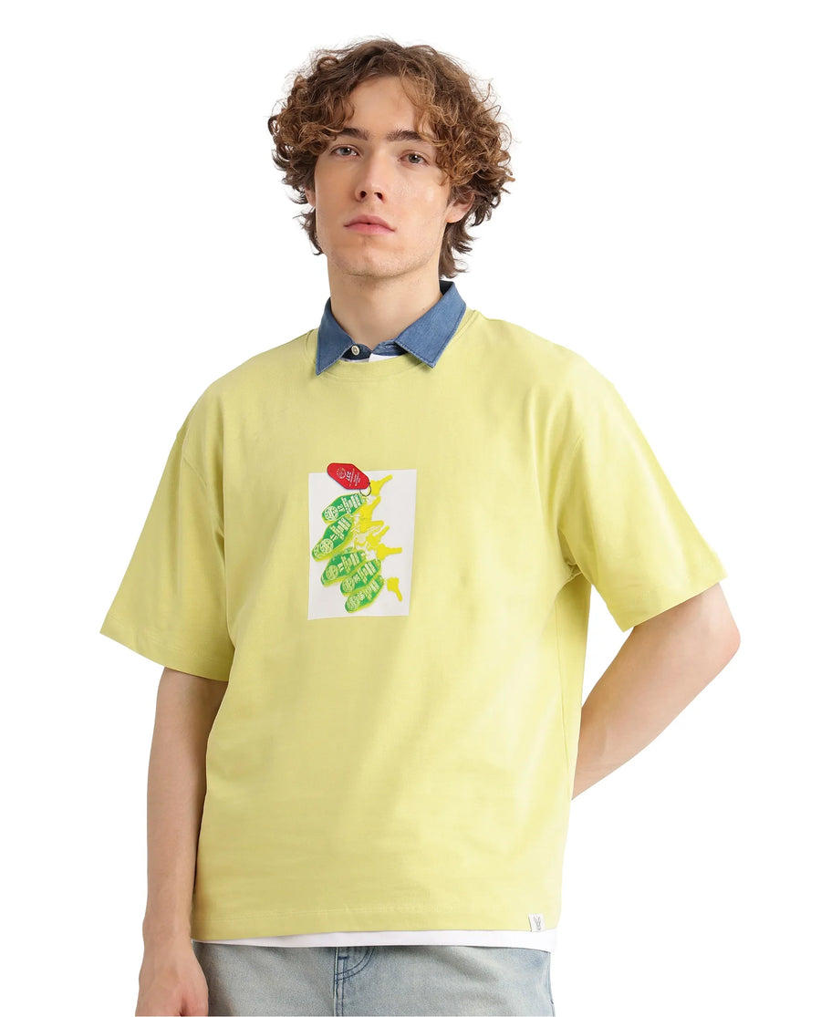 Rare Rabbit Men's Just Light Yellow Cotton Graphic Print Boxy Fit Half Sleeve Crew Neck T-Shirt