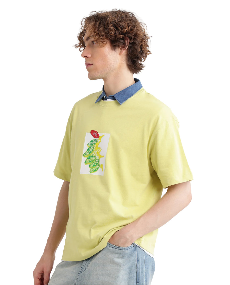 Rare Rabbit Men's Just Light Yellow Cotton Graphic Print Boxy Fit Half Sleeve Crew Neck T-Shirt