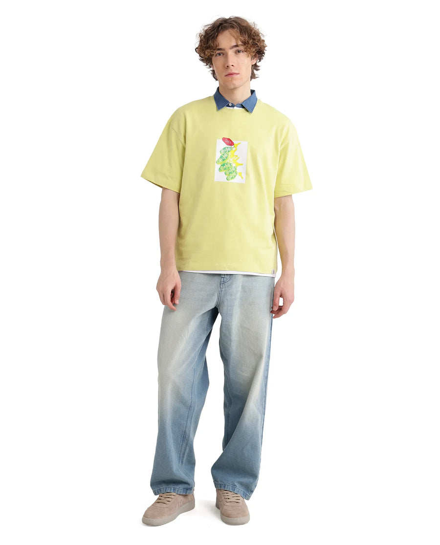 Rare Rabbit Men's Just Light Yellow Cotton Graphic Print Boxy Fit Half Sleeve Crew Neck T-Shirt