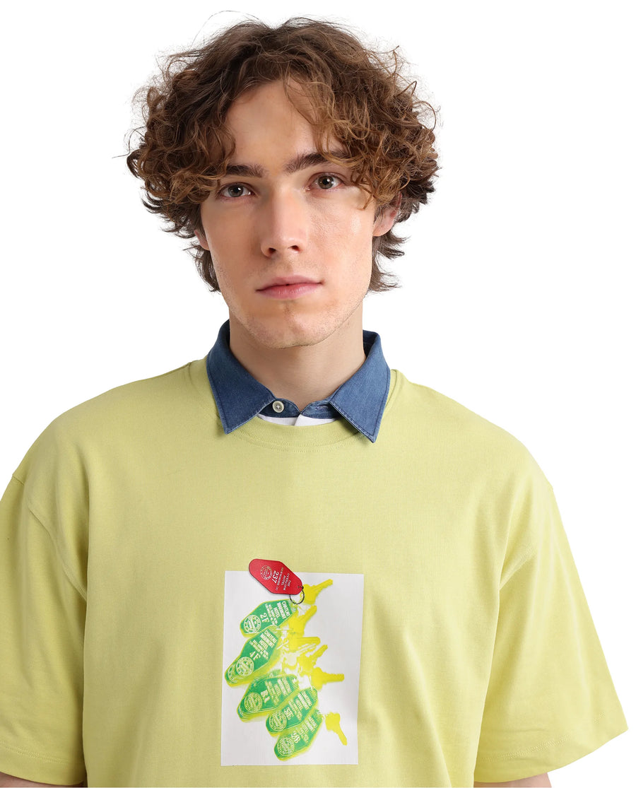 Rare Rabbit Men's Just Light Yellow Cotton Graphic Print Boxy Fit Half Sleeve Crew Neck T-Shirt