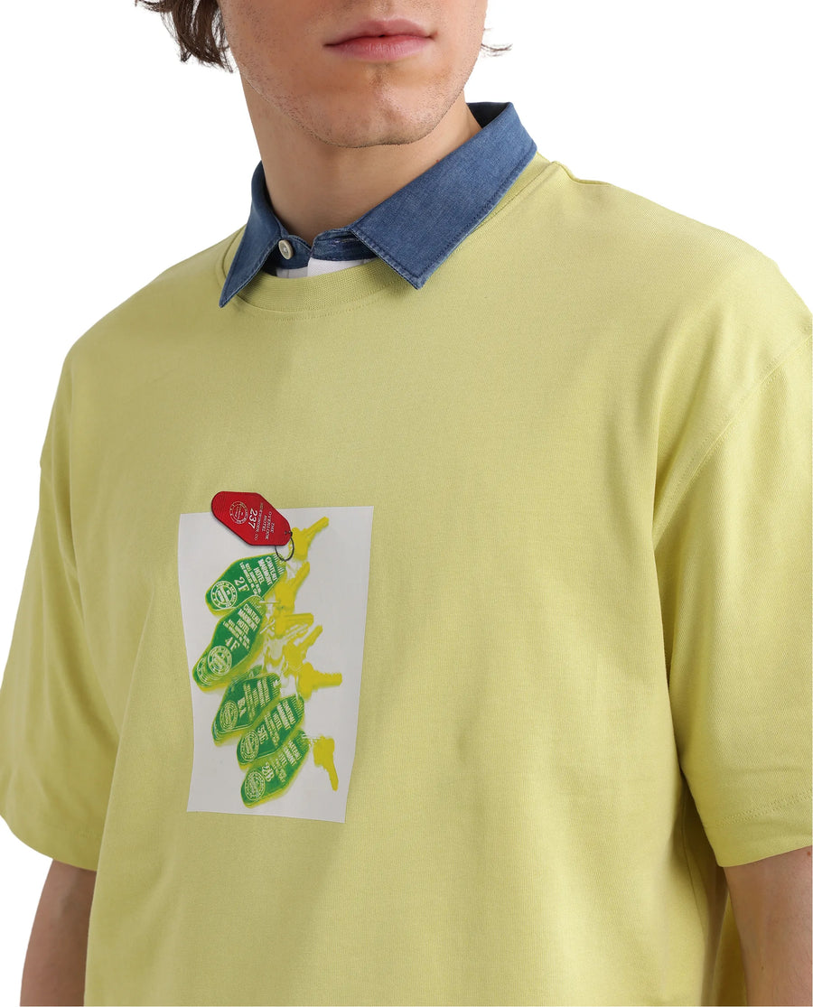 Rare Rabbit Men's Just Light Yellow Cotton Graphic Print Boxy Fit Half Sleeve Crew Neck T-Shirt
