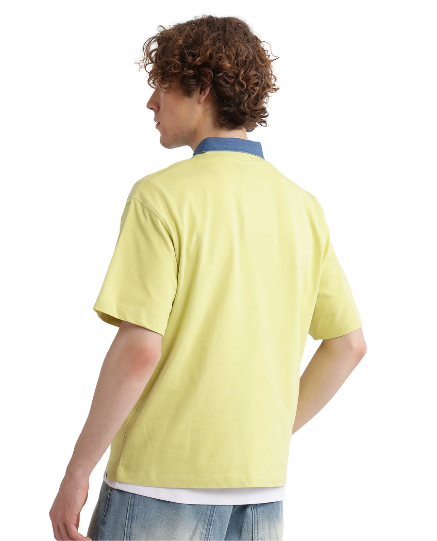 Rare Rabbit Men's Just Light Yellow Cotton Graphic Print Boxy Fit Half Sleeve Crew Neck T-Shirt