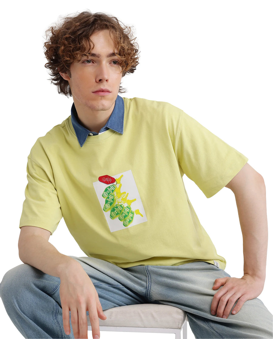 Rare Rabbit Men's Just Light Yellow Cotton Graphic Print Boxy Fit Half Sleeve Crew Neck T-Shirt