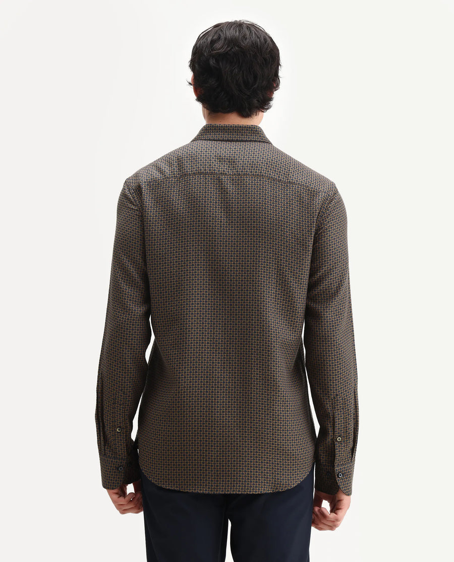 Rare Rabbit Men's Juxe Brown Cotton Fabric Spread Collar Regular Fit Geometric Print Shirt