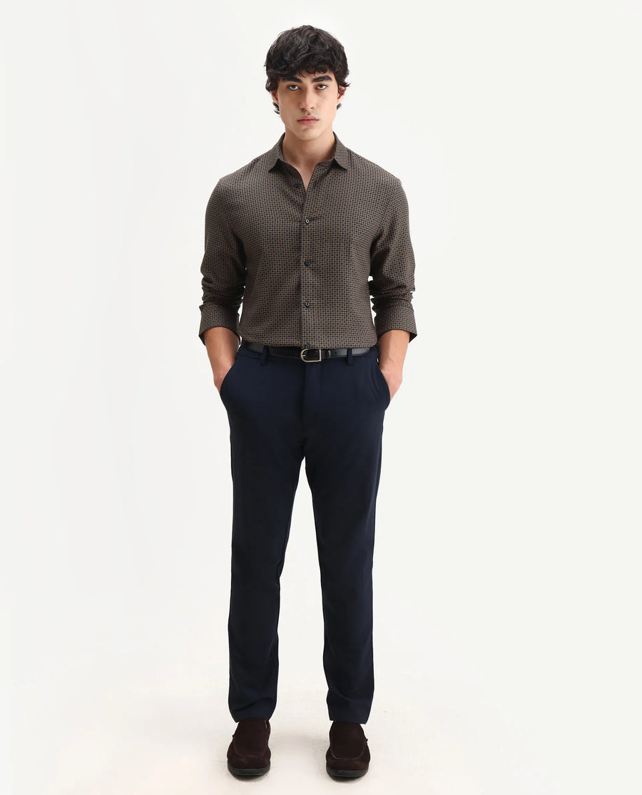 Rare Rabbit Men's Juxe Brown Cotton Fabric Spread Collar Regular Fit Geometric Print Shirt