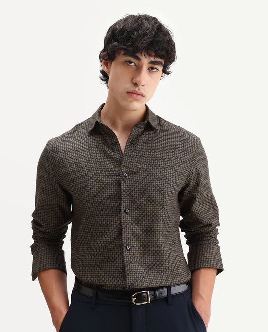 Rare Rabbit Men's Juxe Brown Cotton Fabric Spread Collar Regular Fit Geometric Print Shirt