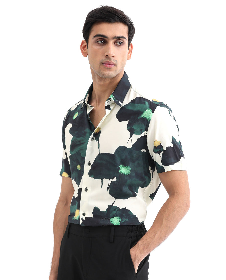 Rare Rabbit Men's Jersey Green Viscose Floral Print Regular Fit Half Sleeve Collared Shirt