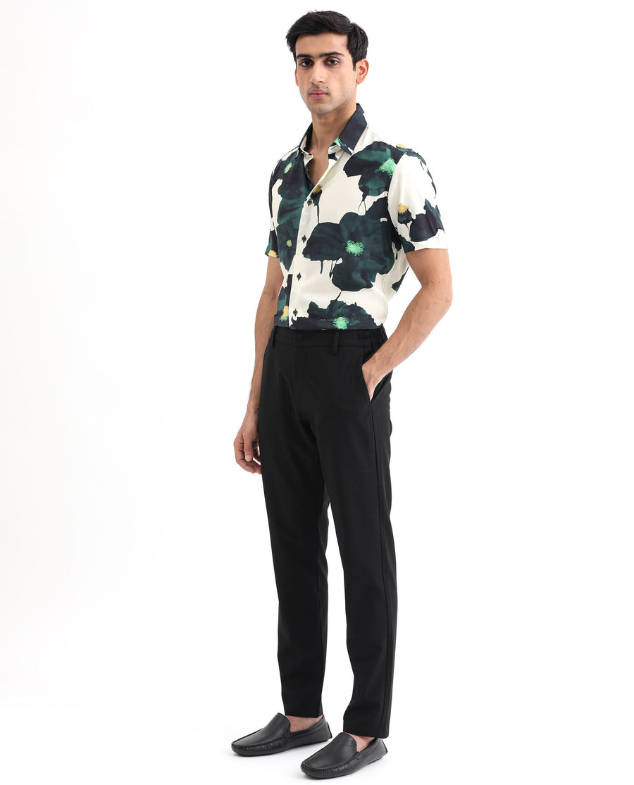 Rare Rabbit Men's Jersey Green Viscose Floral Print Regular Fit Half Sleeve Collared Shirt