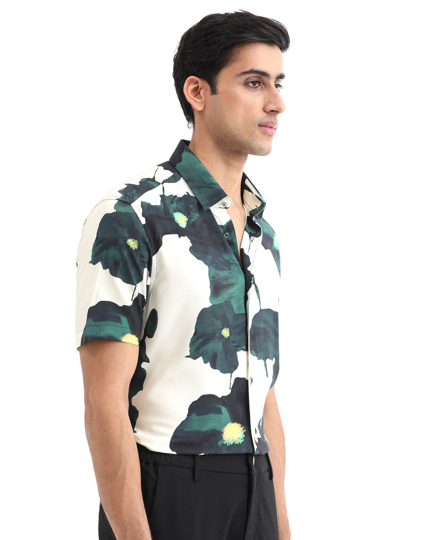 Rare Rabbit Men's Jersey Green Viscose Floral Print Regular Fit Half Sleeve Collared Shirt
