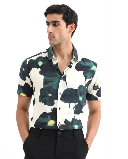 Rare Rabbit Men's Jersey Green Viscose Floral Print Regular Fit Half Sleeve Collared Shirt