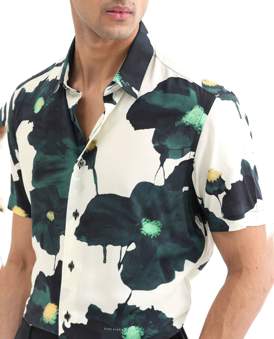 Rare Rabbit Men's Jersey Green Viscose Floral Print Regular Fit Half Sleeve Collared Shirt