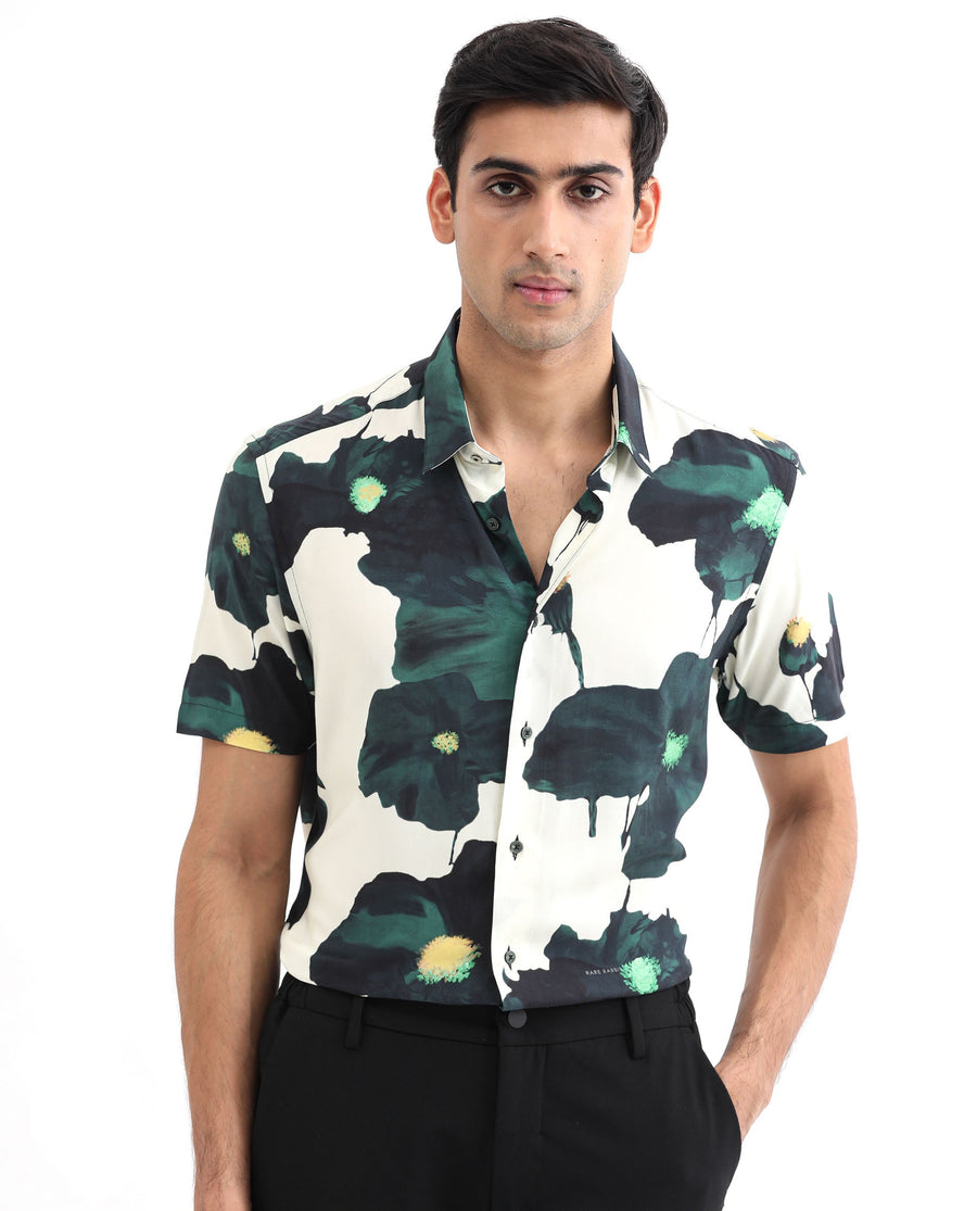 Rare Rabbit Men's Jersey Green Viscose Floral Print Regular Fit Half Sleeve Collared Shirt