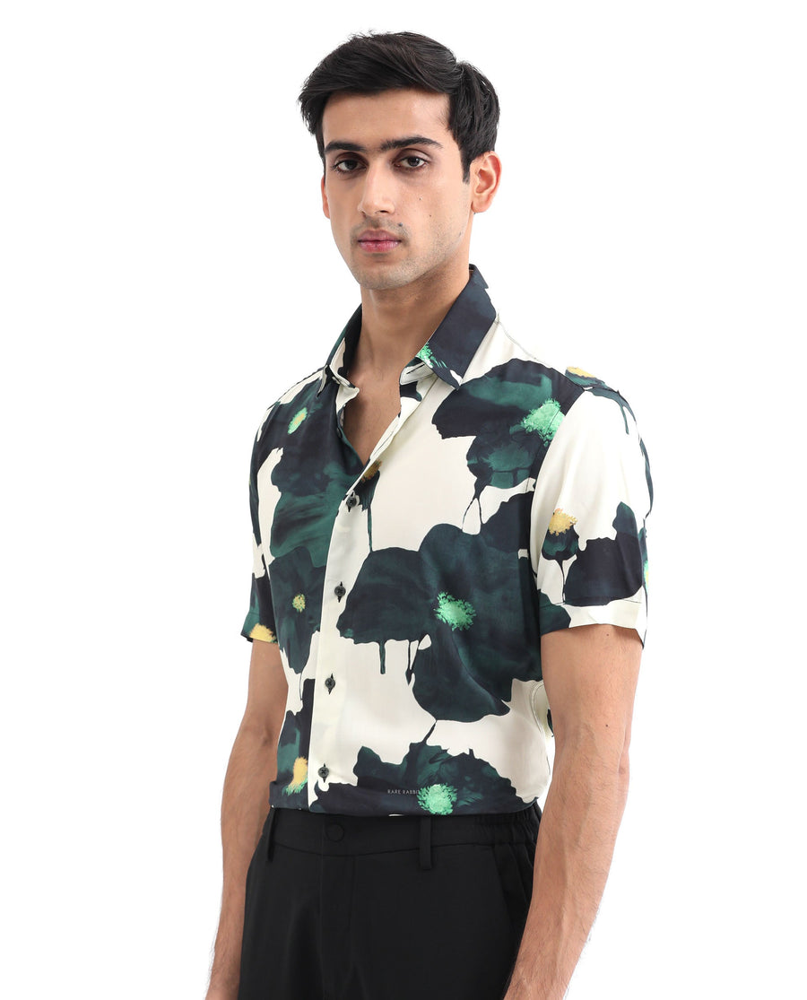 Rare Rabbit Men's Jersey Green Viscose Floral Print Regular Fit Half Sleeve Collared Shirt