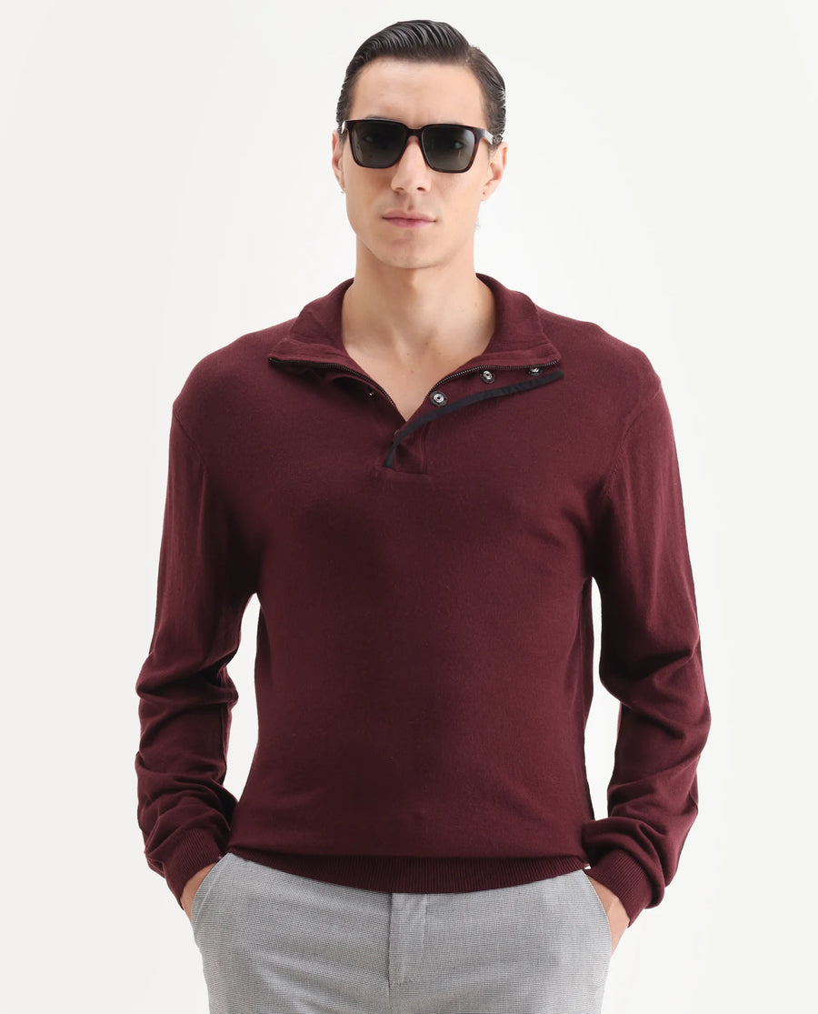 Rare Rabbit Men's Johny-25 Light Maroon Acrylic Fabric Full Sleeve High Neck Plain Sweater