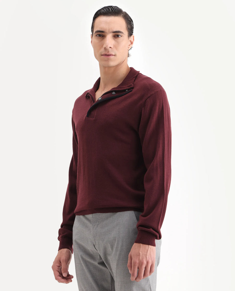Rare Rabbit Men's Johny-25 Light Maroon Acrylic Fabric Full Sleeve High Neck Plain Sweater