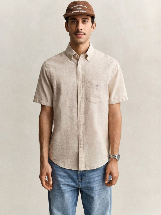 Gant Men Beige Solid Regular Fit Cotton Linen Shirt