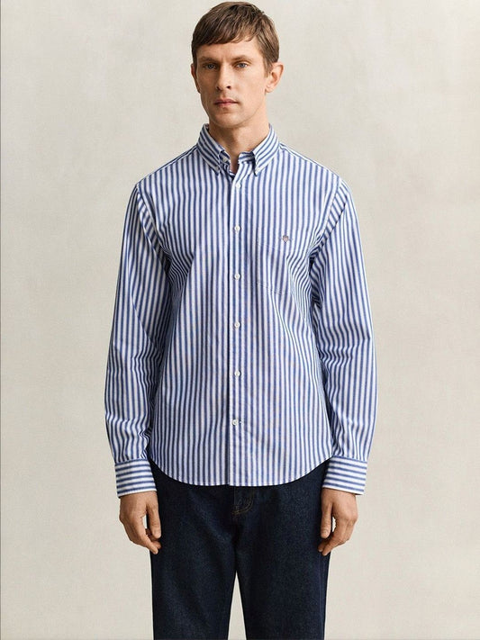 Gant Men Blue Striped Regular Fit Classic Poplin Shirt