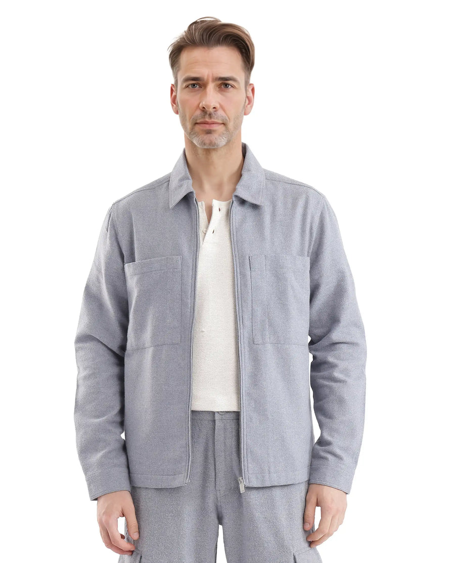 Rare Rabbit Men's Kaai Blue Polyester Blend Plain Regular Fit Full Sleeve Collared Shacket
