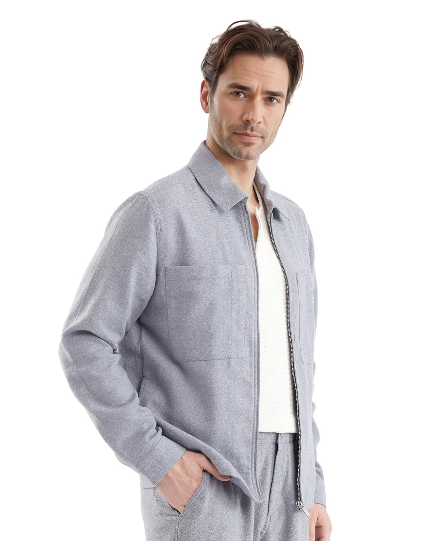 Rare Rabbit Men's Kaai Blue Polyester Blend Plain Regular Fit Full Sleeve Collared Shacket