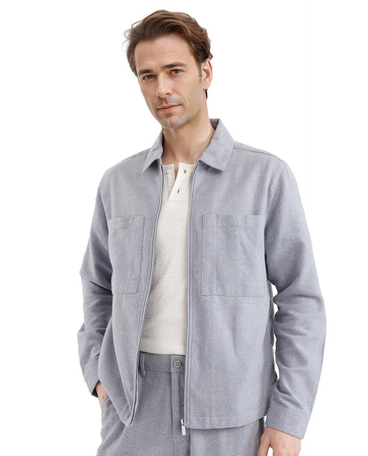 Rare Rabbit Men's Kaai Blue Polyester Blend Plain Regular Fit Full Sleeve Collared Shacket