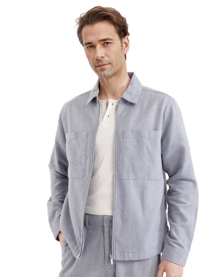 Rare Rabbit Men's Kaai Blue Polyester Blend Plain Regular Fit Full Sleeve Collared Shacket