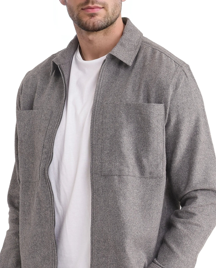 Rare Rabbit Men's Kaai Dark Grey Polyester Blend Plain Regular Fit Full Sleeve Collared Shacket